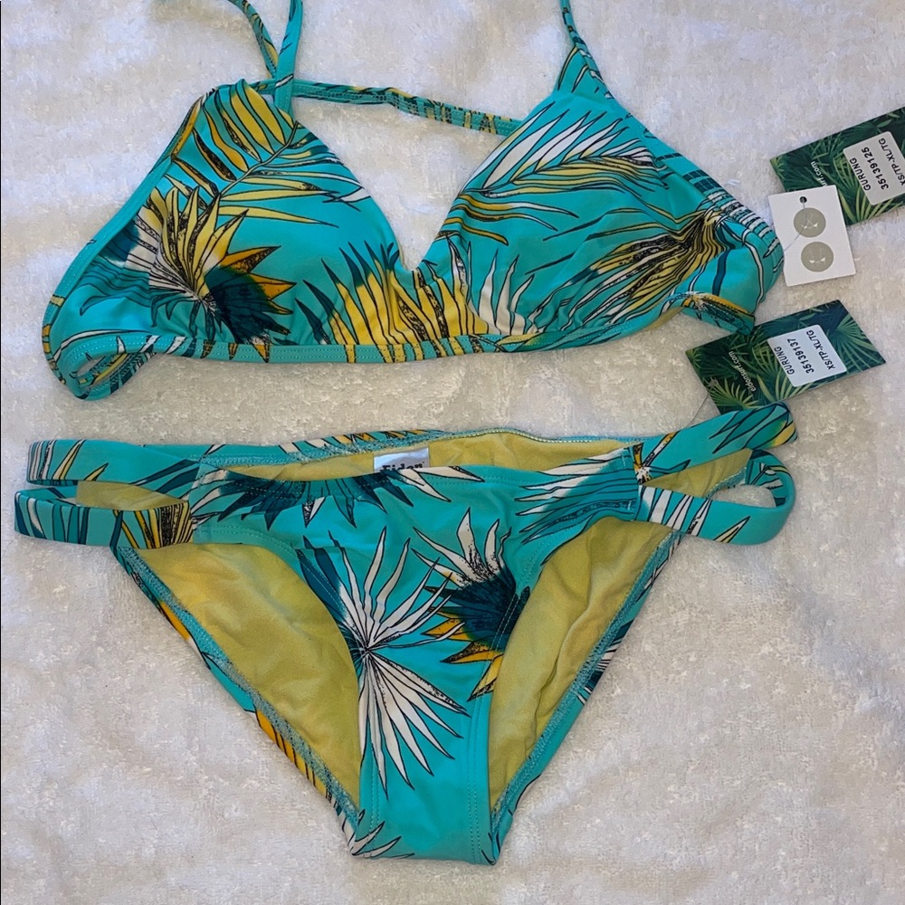 Eidon Gurung Tropical Print Bikini Set in Turquoise yellow Small top & XS bottom
